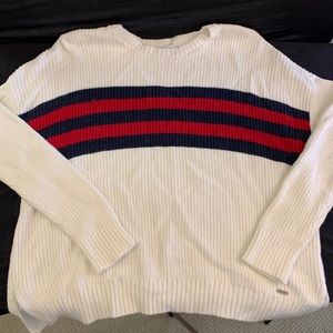 Cream Sweater with Burgundy and Navy Stripes